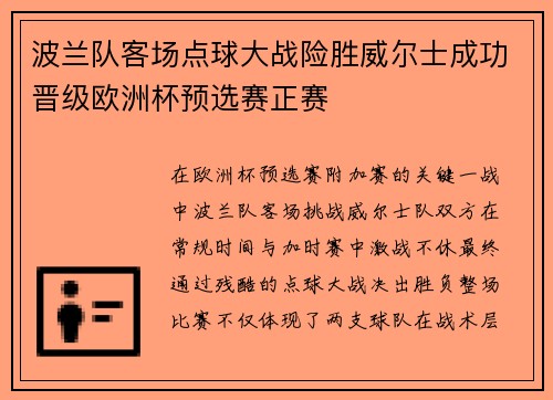 波兰队客场点球大战险胜威尔士成功晋级欧洲杯预选赛正赛